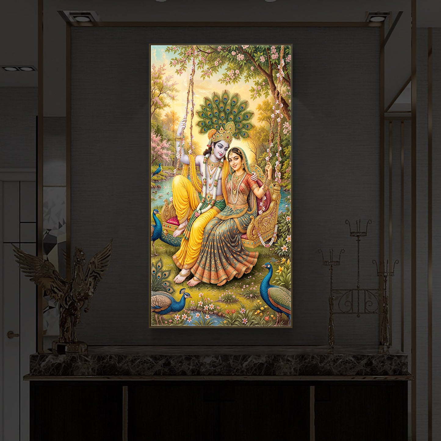 Jai Shri Radha Krishna Modern Luxury Backlight Vertical Wall Art