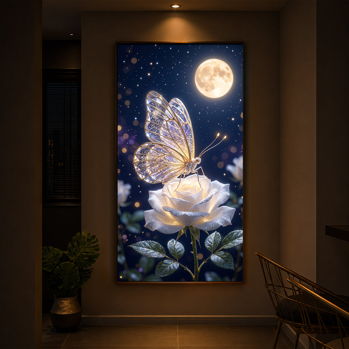 Butterfly On White Rose Modern Luxury Backlight Vertical Wall Art