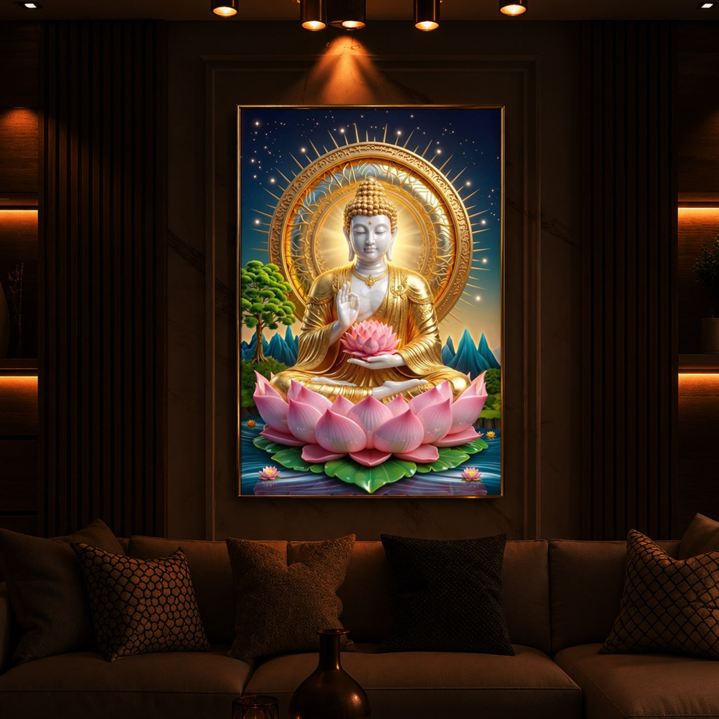 Lord Gautama Buddha Modern Luxury Backlight Vertical Wall Art