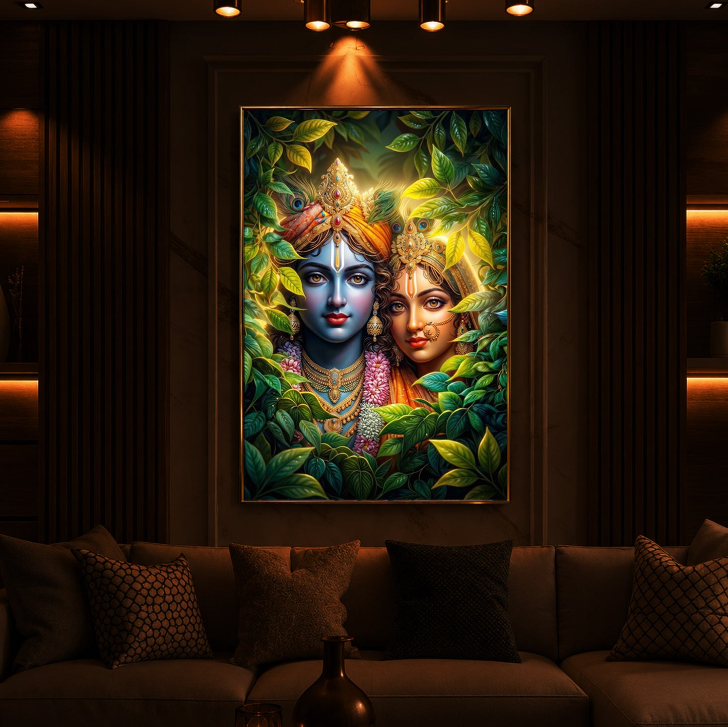 Lord Radha Krishna With Nature Modern Luxury Backlight Vertical Wall Art