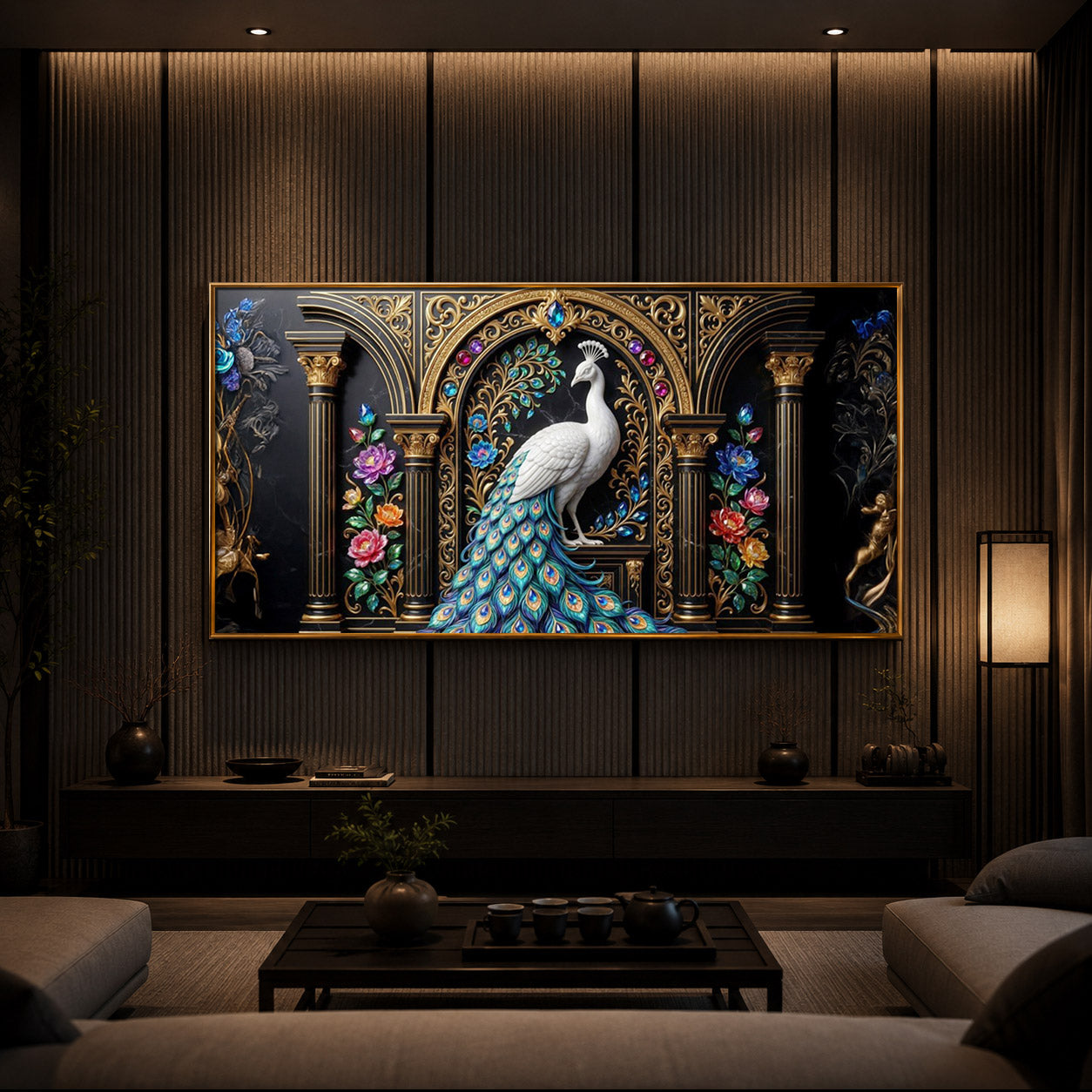 White Peacock Against A Dark Modern Luxury Backlight Horizontal Wall Art