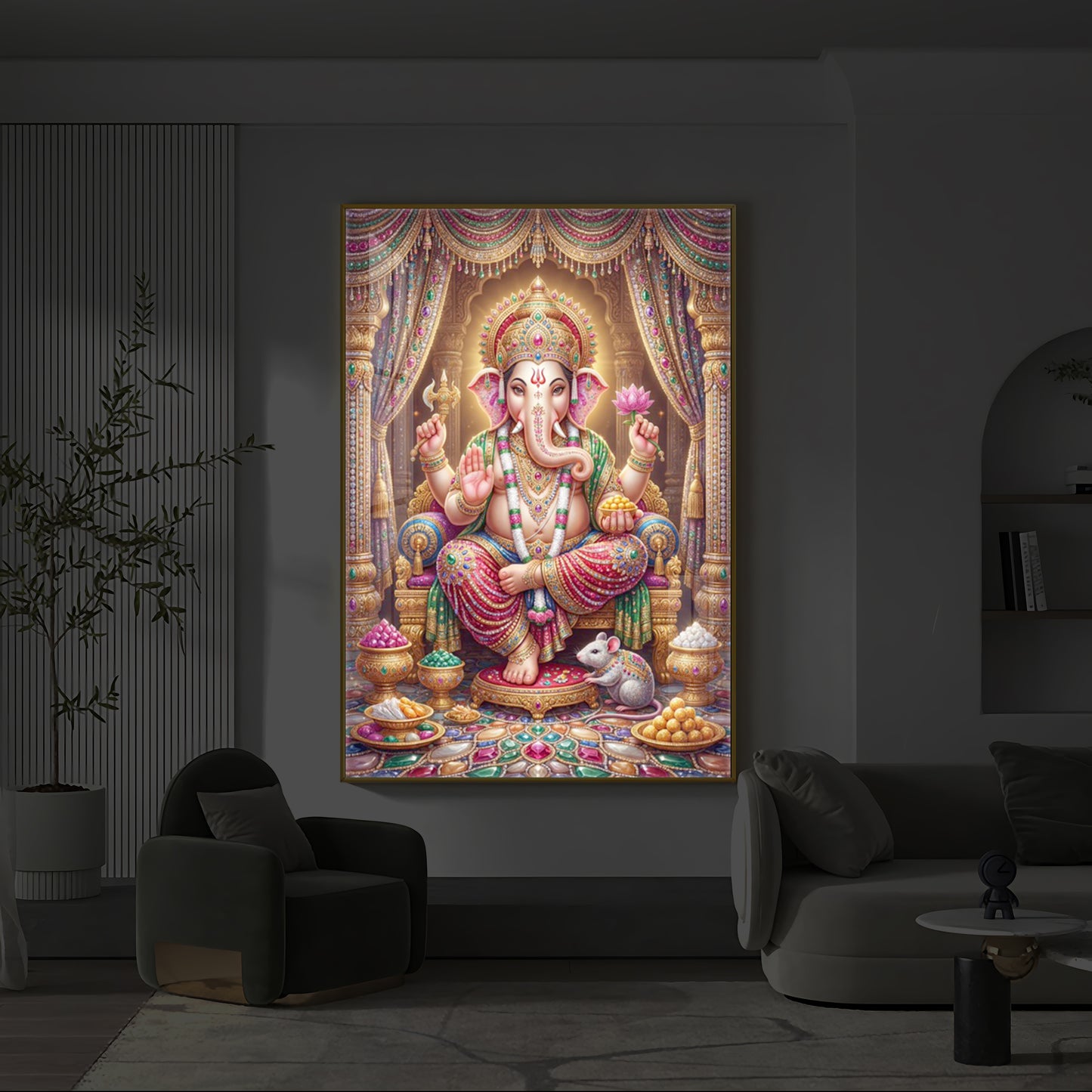 Shree Ganesh Darbar Modern Luxury Backlight Vertical Wall Art