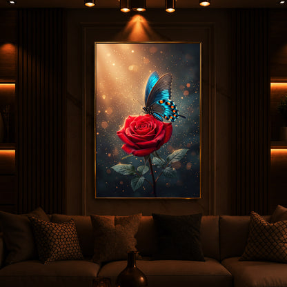 Enchanted Red Rose & Blue Butterfly Modern Luxury Backlight Vertical Wall Art