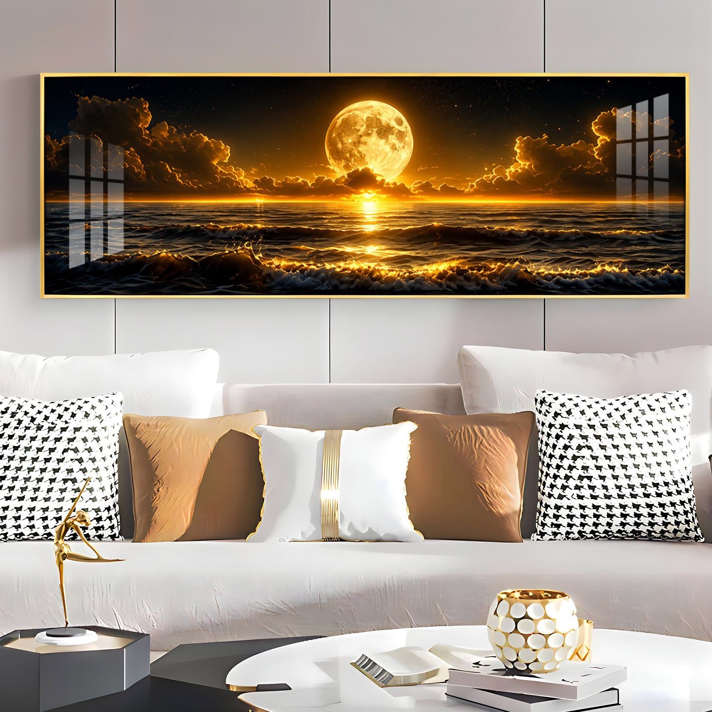 Golden Full Moon Ocean Clouds Premium Acrylic Horizontal Wall Art