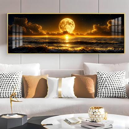 Golden Full Moon Ocean Clouds Premium Acrylic Horizontal Wall Art