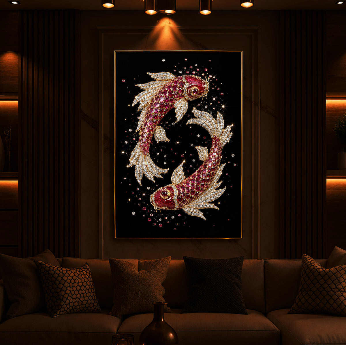 Koi Fish In Ruby Diamond Modern Luxury Backlight Vertical Wall Art