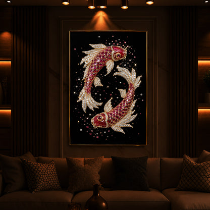 Koi Fish In Ruby Diamond Modern Luxury Backlight Vertical Wall Art