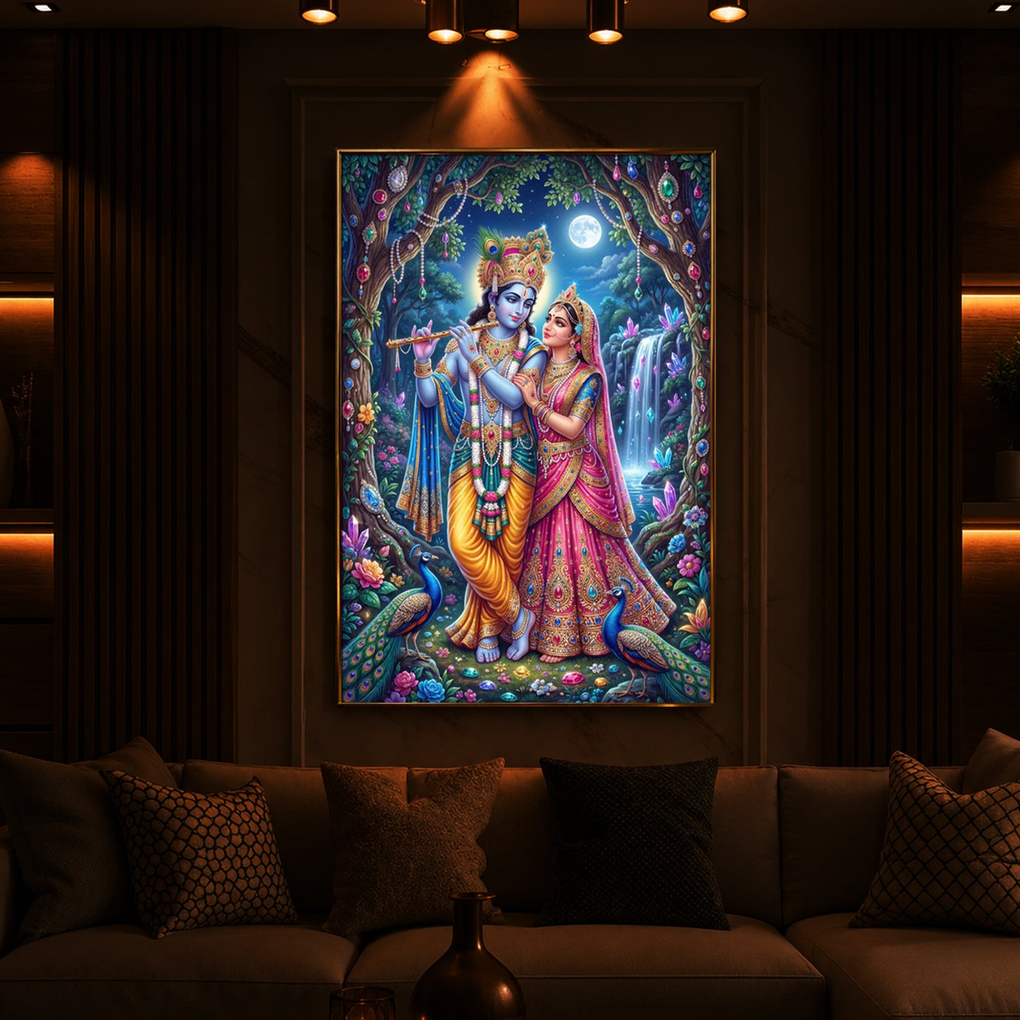 Eternal Love of Radha Krishna Modern Luxury Backlight Vertical Wall Art