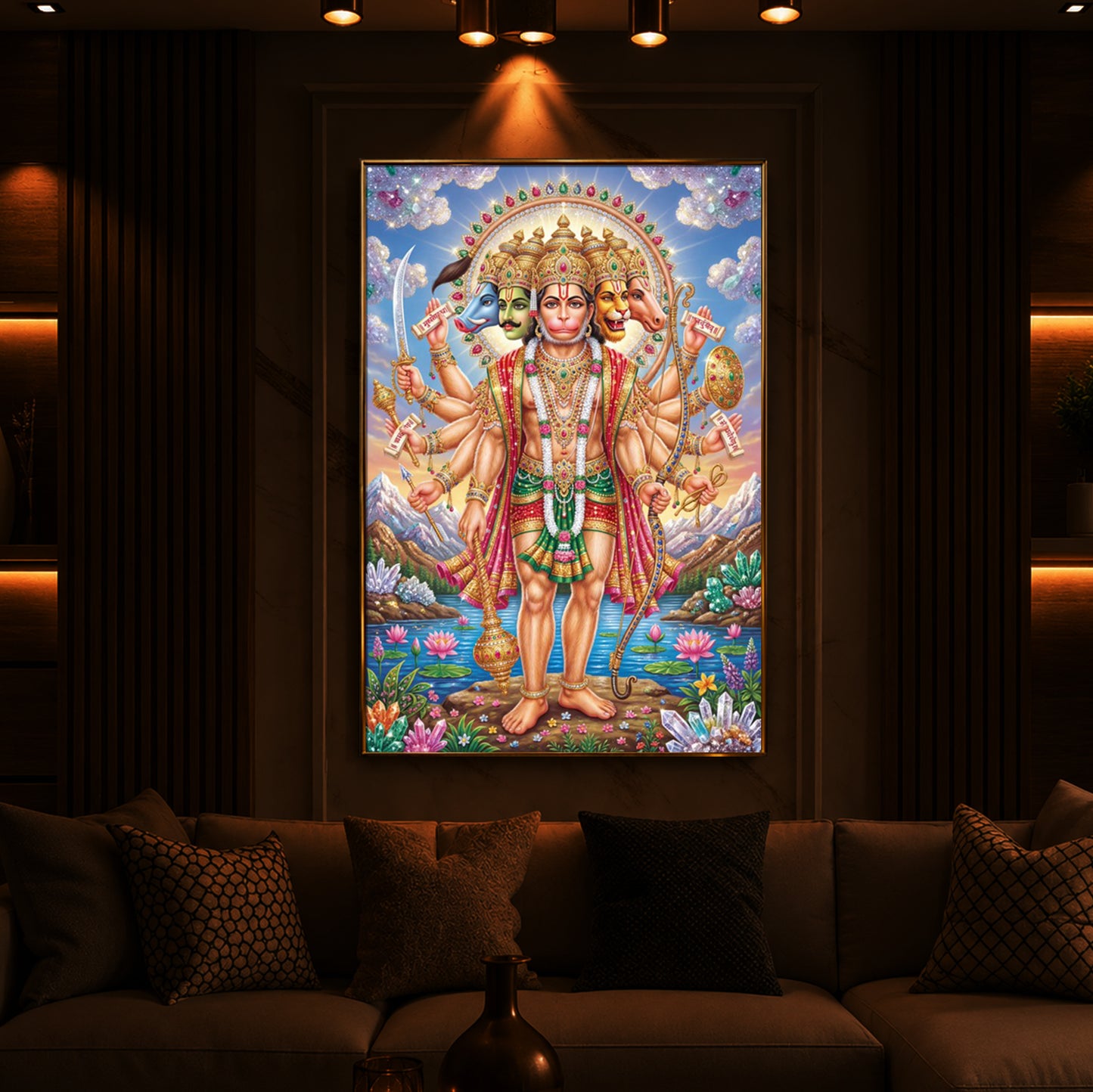 Panchmukhi Lord Hanuman Ji Modern Luxury Backlight Vertical Wall Art