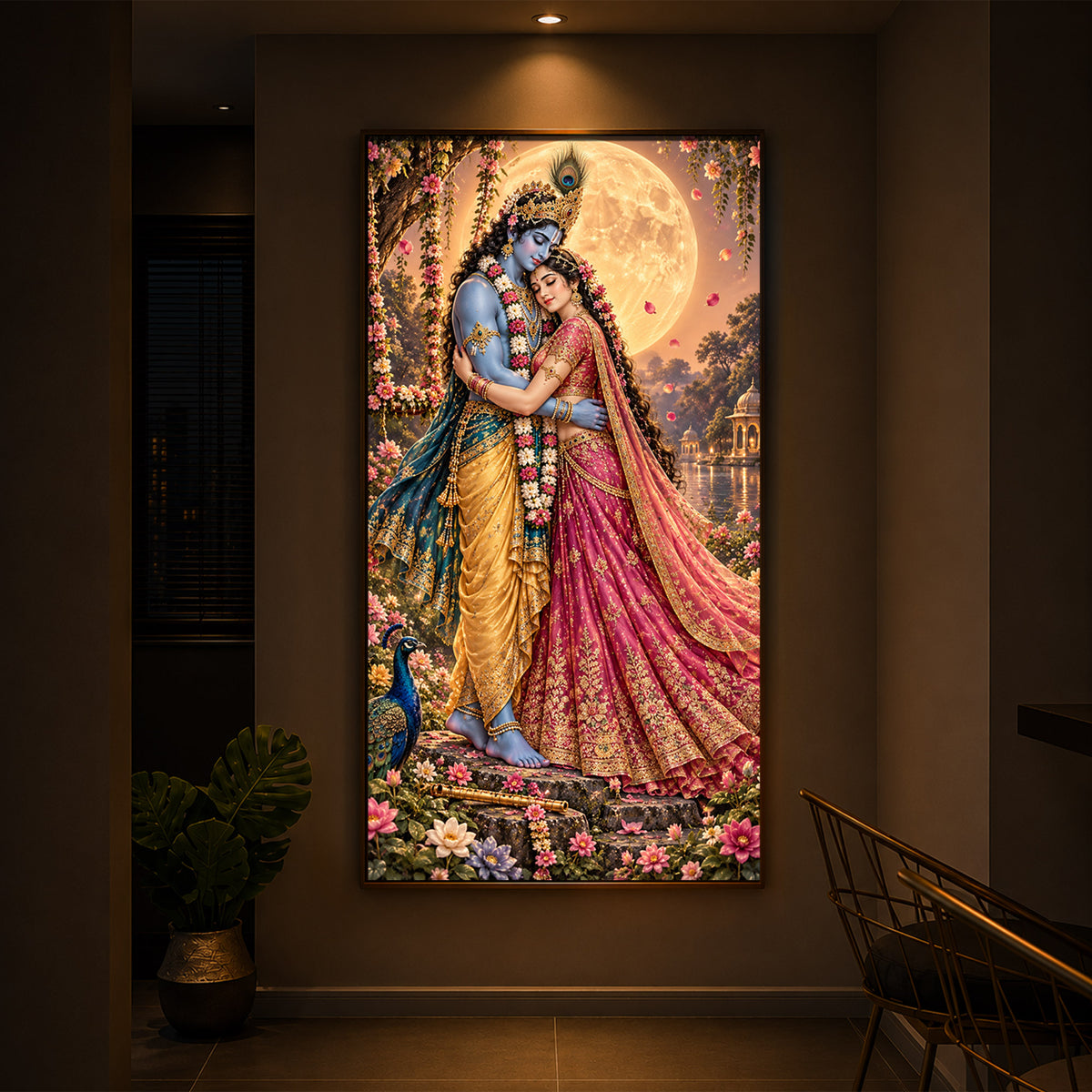 Divine Love of Krishna Radha Modern Luxury Backlight Vertical Wall Art