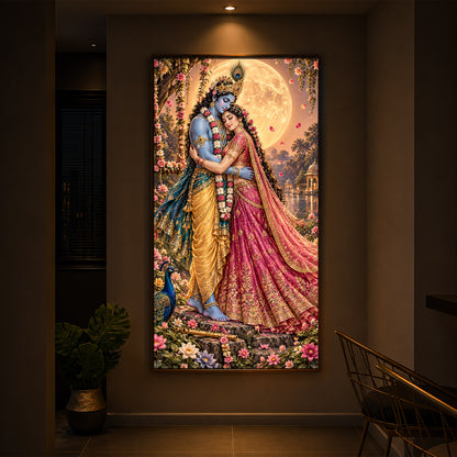 Divine Love of Krishna Radha Modern Luxury Backlight Vertical Wall Art