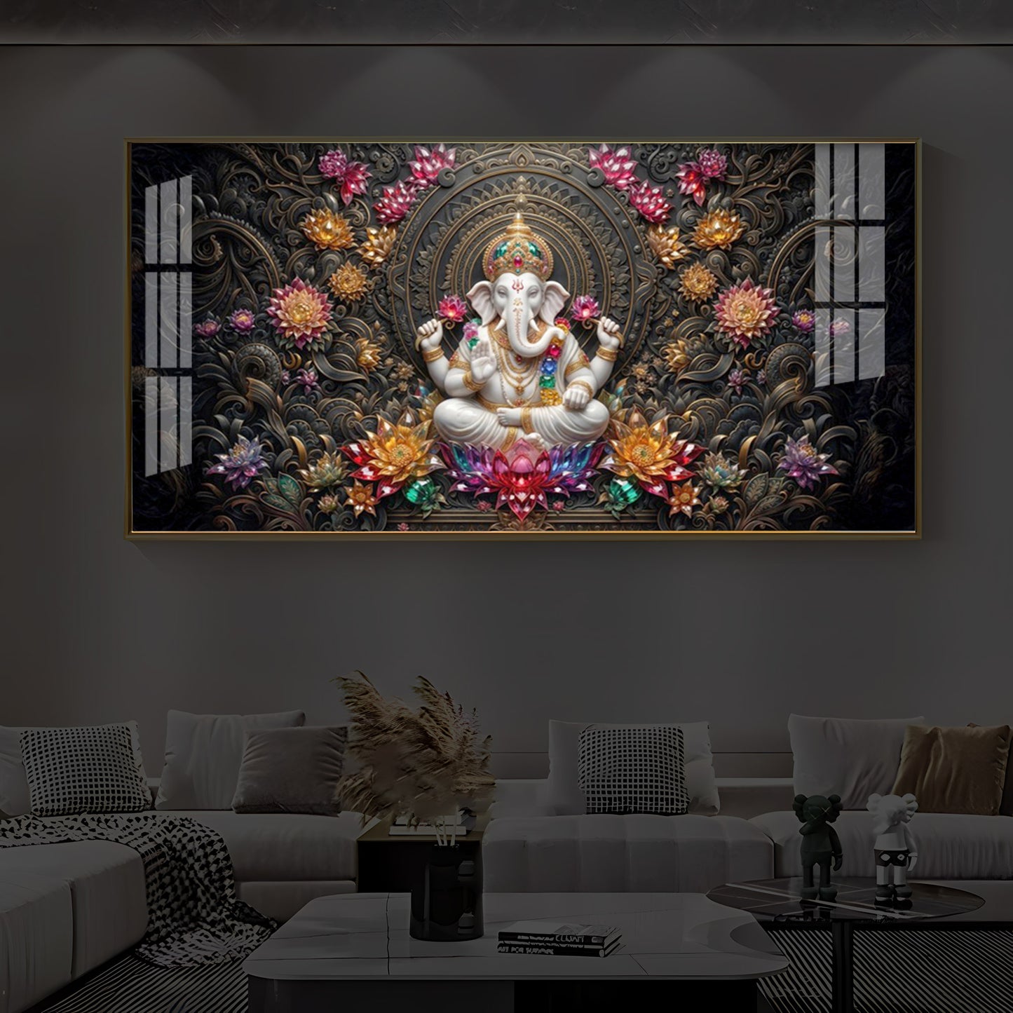 Lord Ganesha Blooming Lotuses Modern Luxury Backlight Horizontal Wall Art