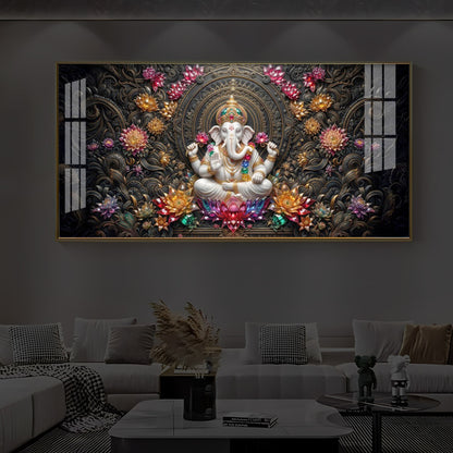 Lord Ganesha Blooming Lotuses Modern Luxury Backlight Horizontal Wall Art