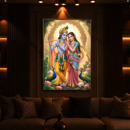 Loving Shri Radhe Krishna Modern Luxury Backlight Vertical Wall Art