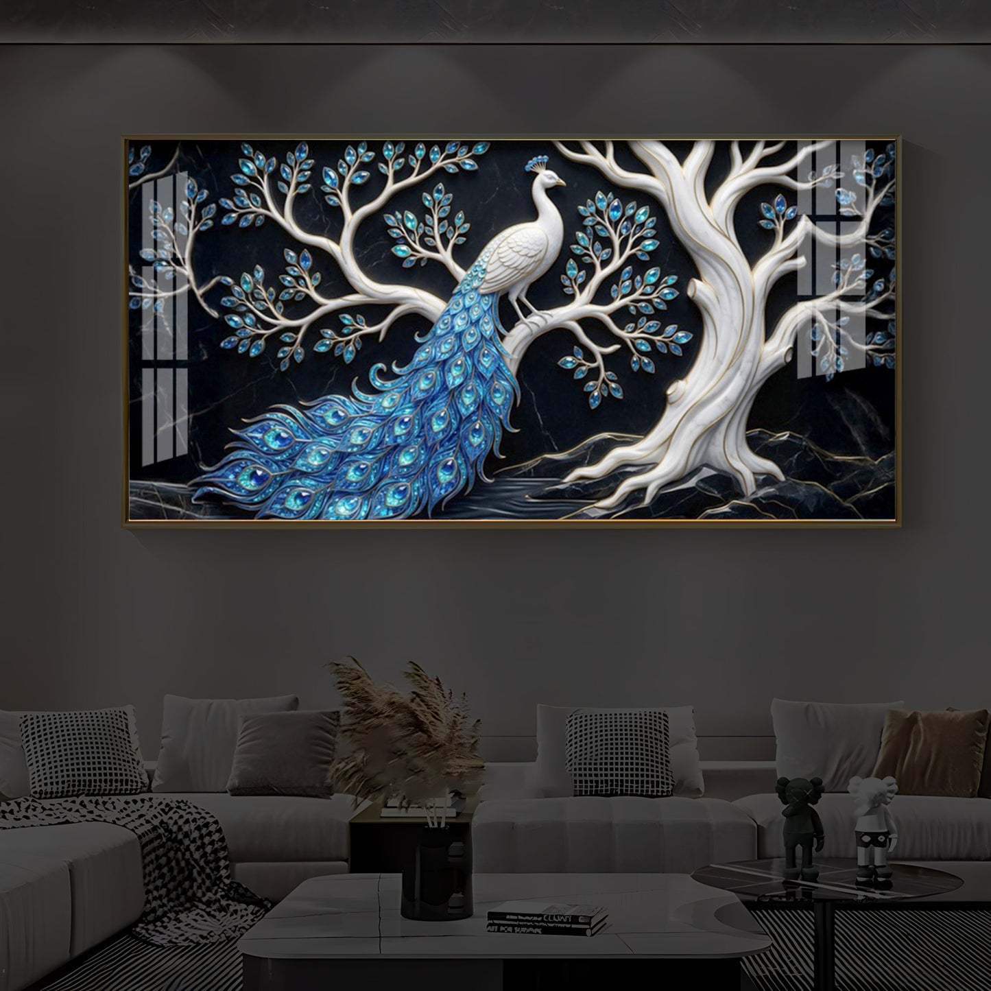 Peacock With Blue Feather Modern Luxury Backlight Horizontal Wall Art