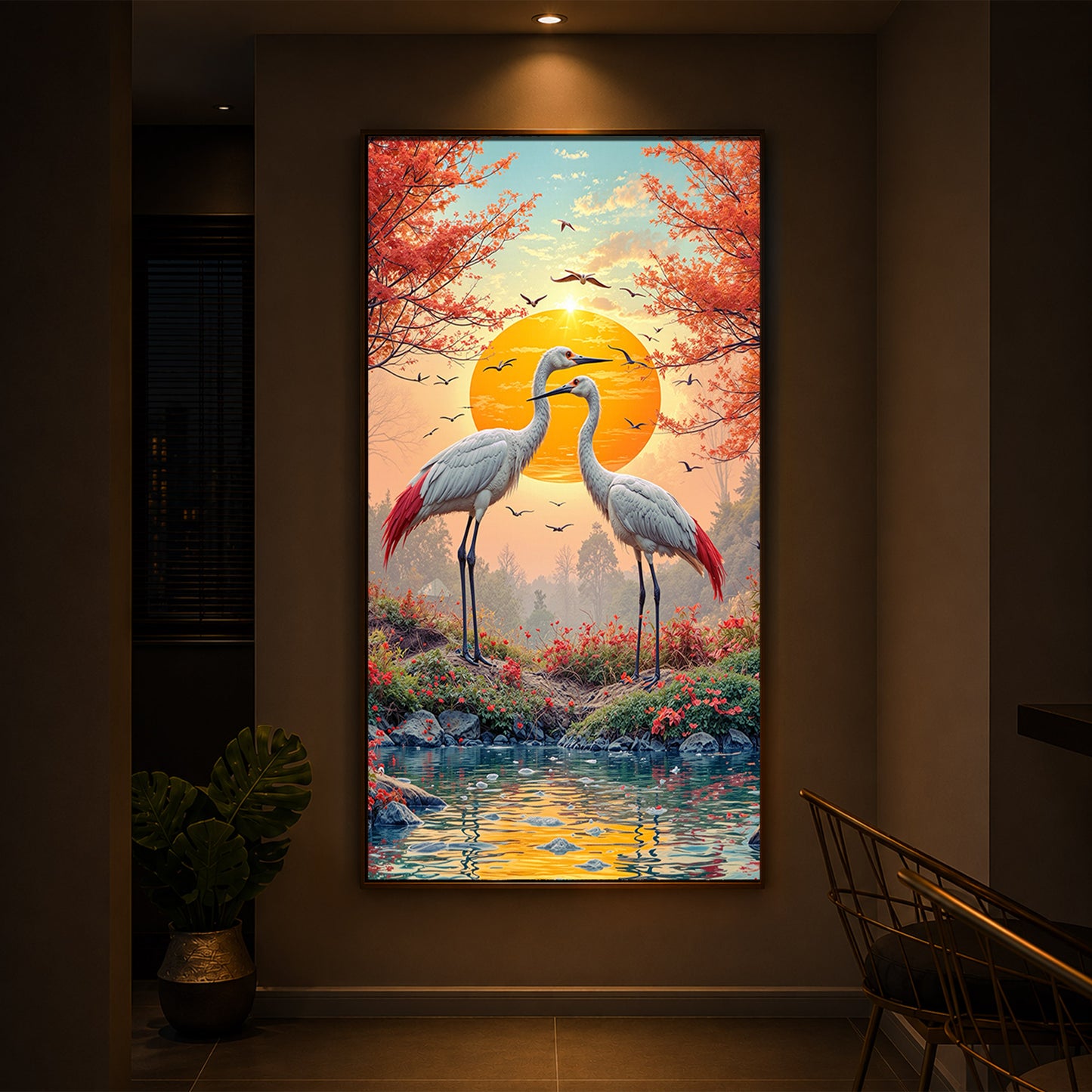 Beautiful Birds Modern Luxury Backlight Vertical Wall Art