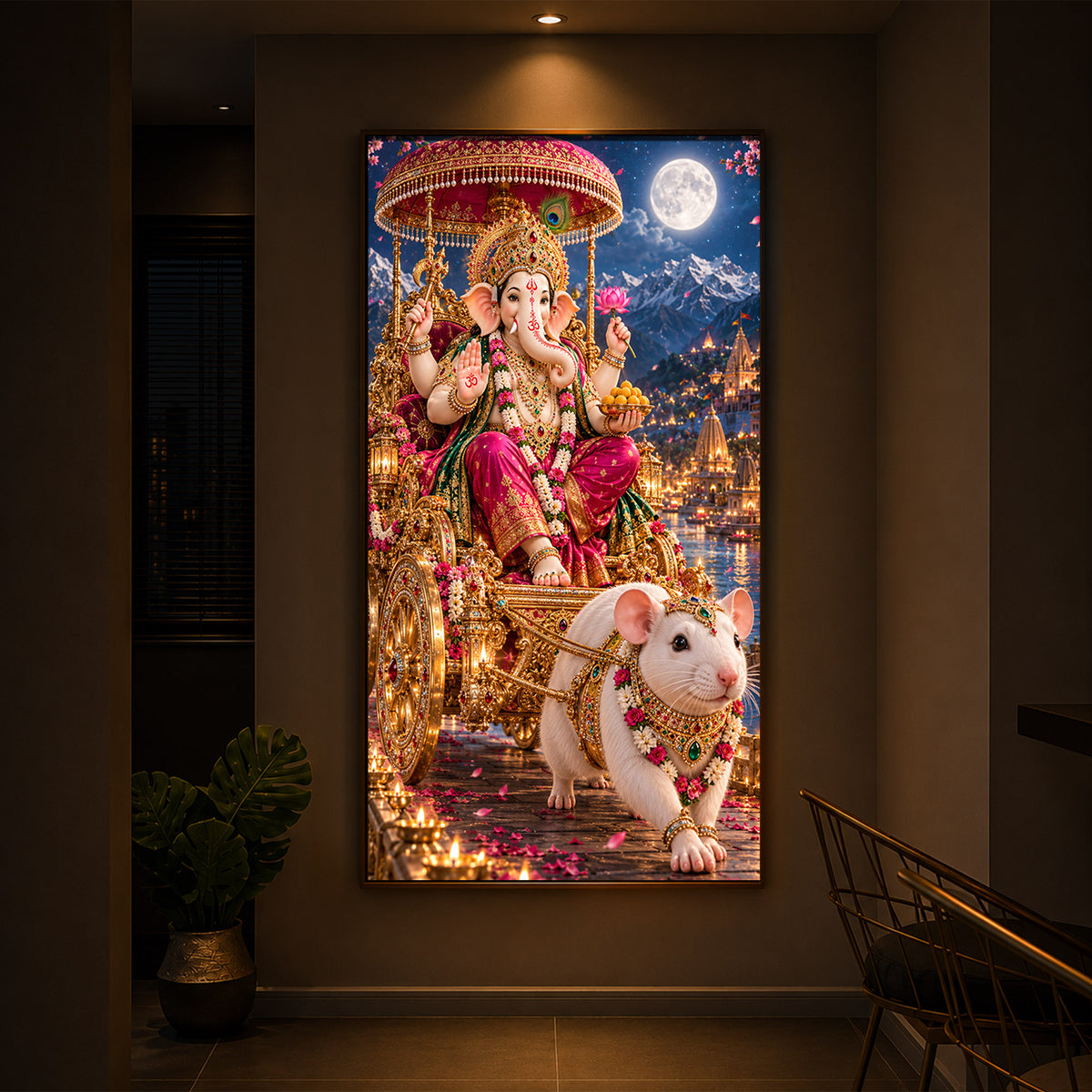 Ganapati Bappa Divine Rath Modern Luxury Backlight Vertical Wall Art