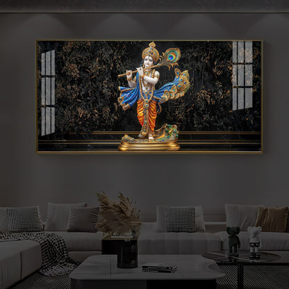 Lord Krishna With Flute Modern Luxury Backlight Horizontal Wall Art
