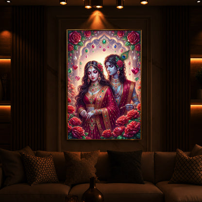Radha Krishna Surrounded By Red Roses Modern Luxury Backlight Vertical Wall Art