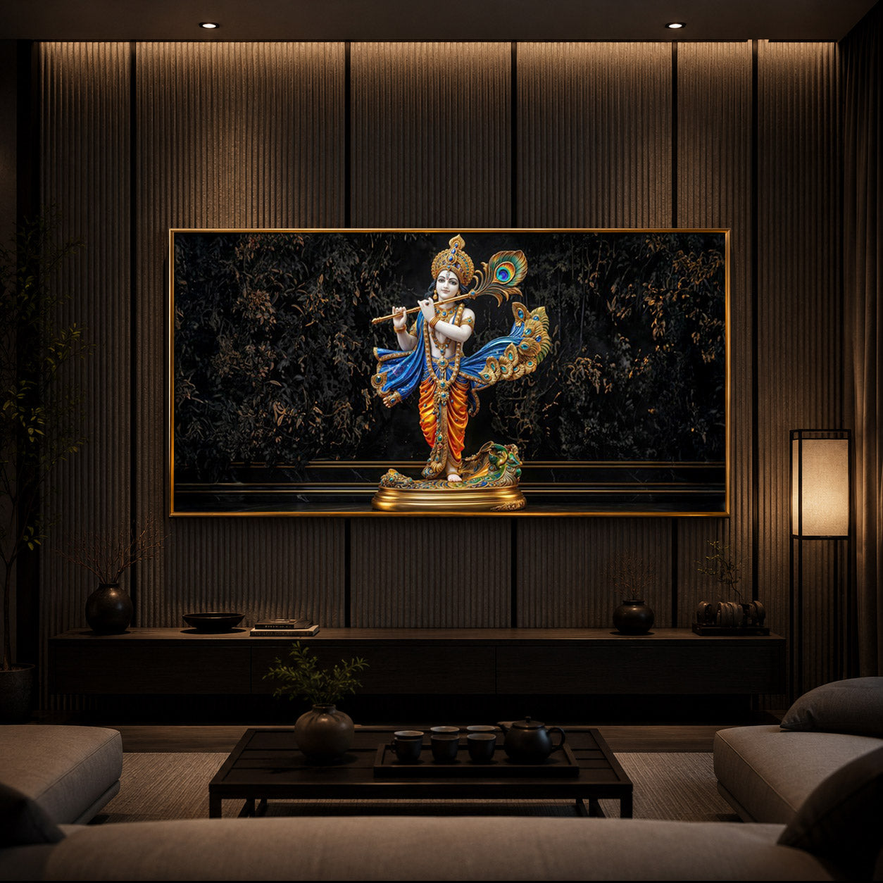 Lord Krishna With Flute Modern Luxury Backlight Horizontal Wall Art