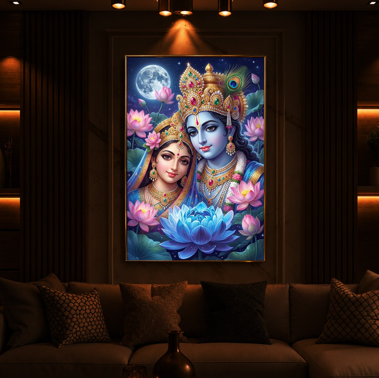 Radha Krishna Divine Togetherness Modern Luxury Backlight Vertical Wall Art
