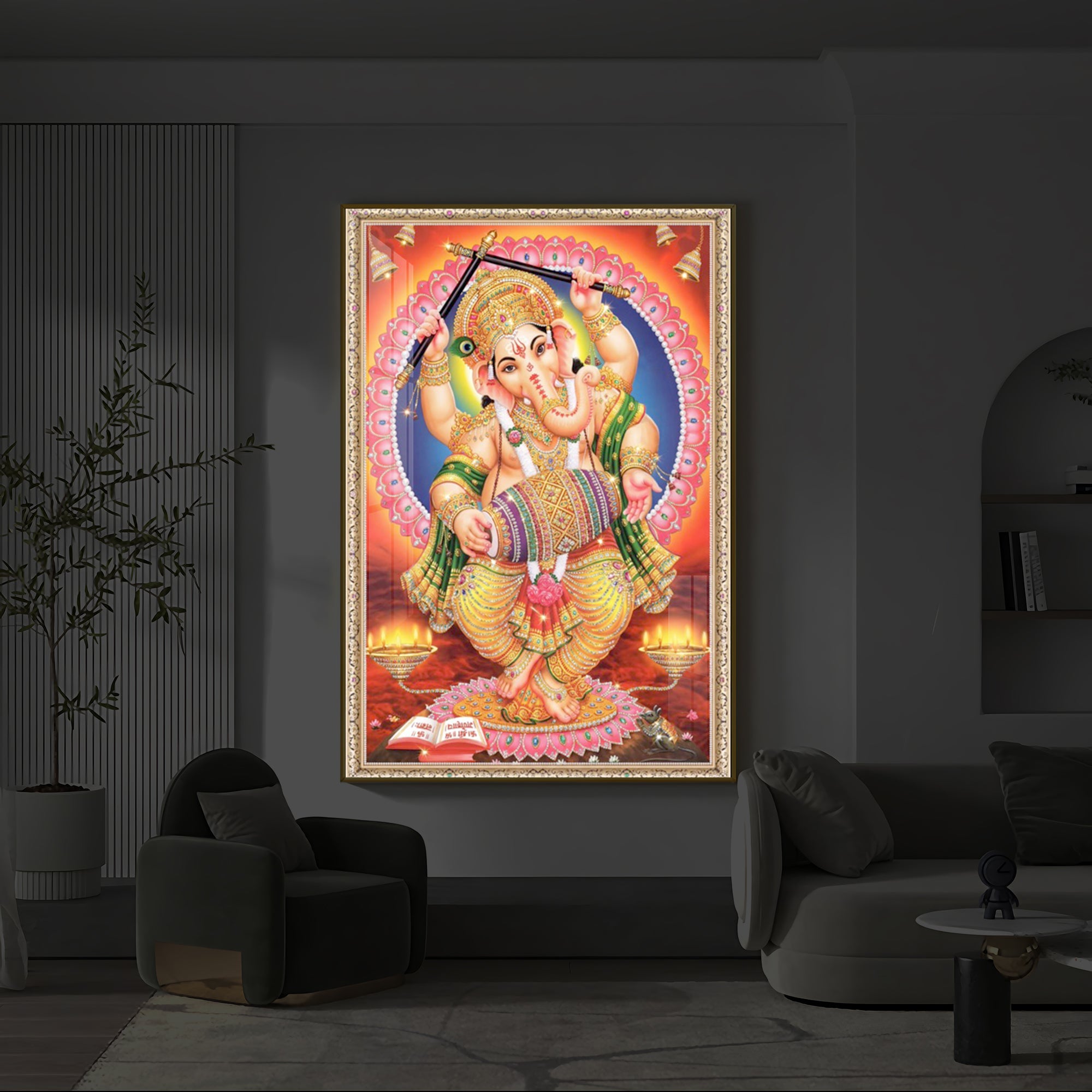 Hindu Bhagwan Ganesh Ji Modern Luxury Backlight Vertical Wall Art