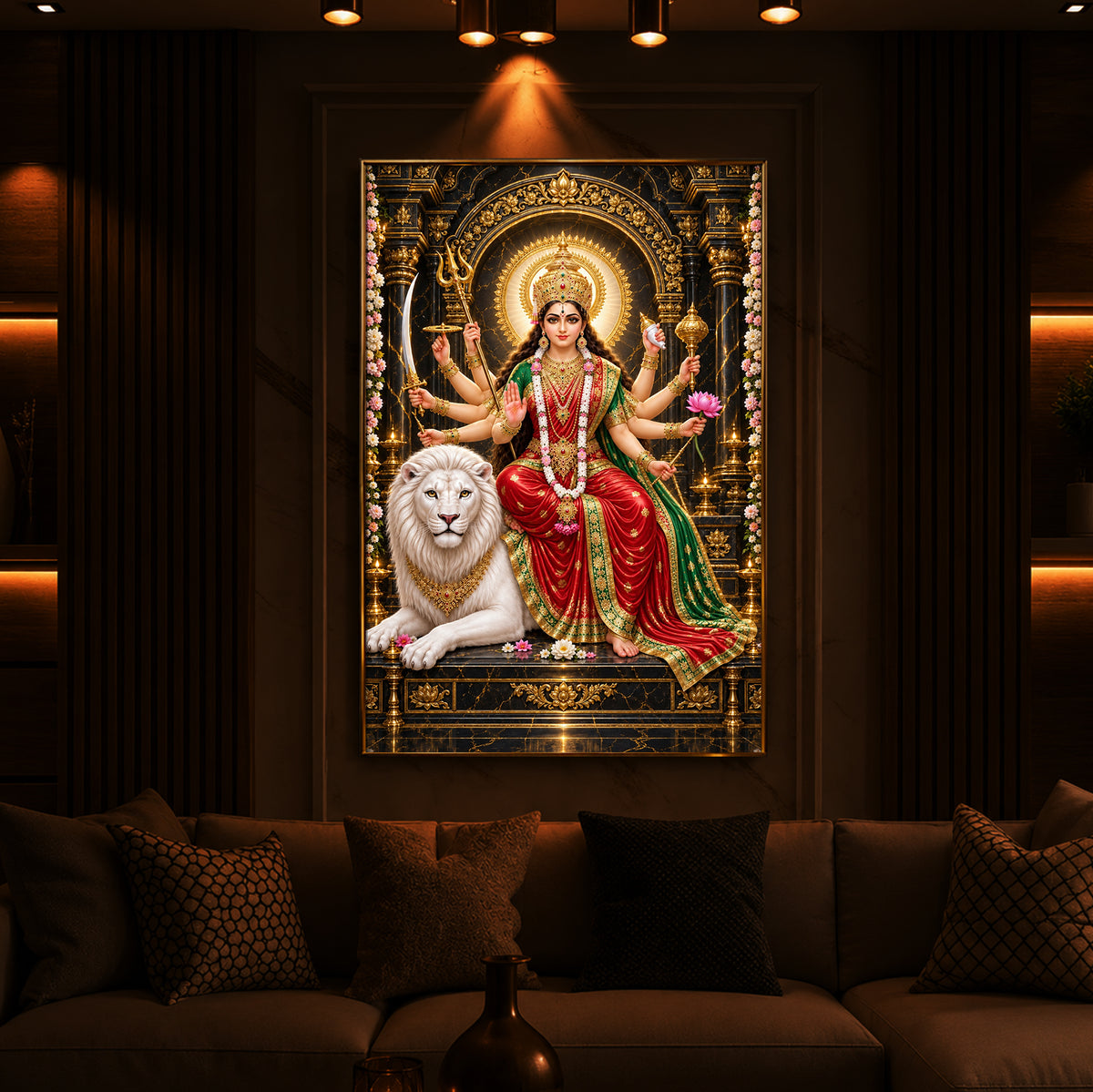 Maa Durga With White Lion Modern Luxury Backlight Vertical Wall Art