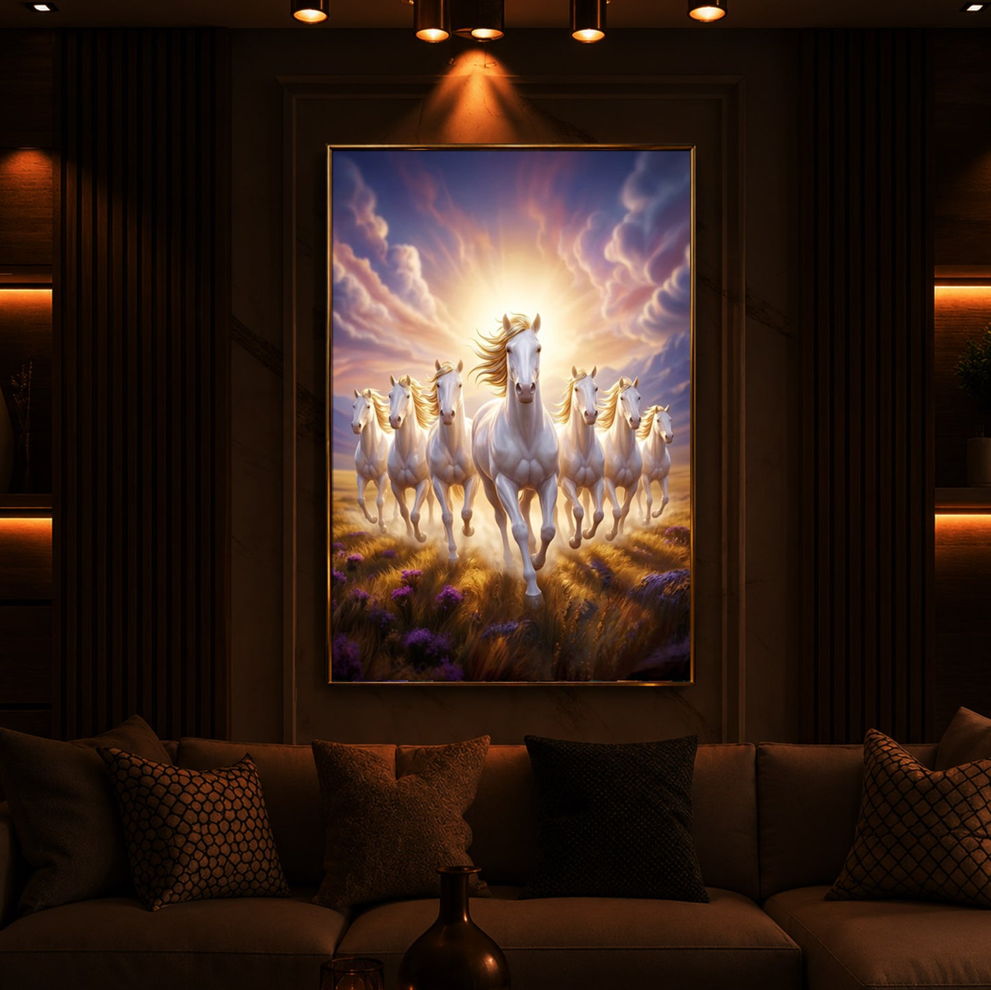 Seven Horses Running Together Modern Luxury Backlight Vertical Wall Art