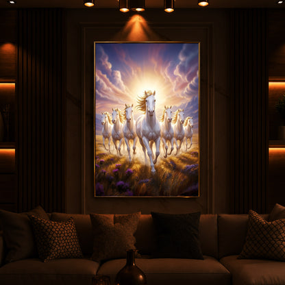 Seven Horses Running Together Modern Luxury Backlight Vertical Wall Art