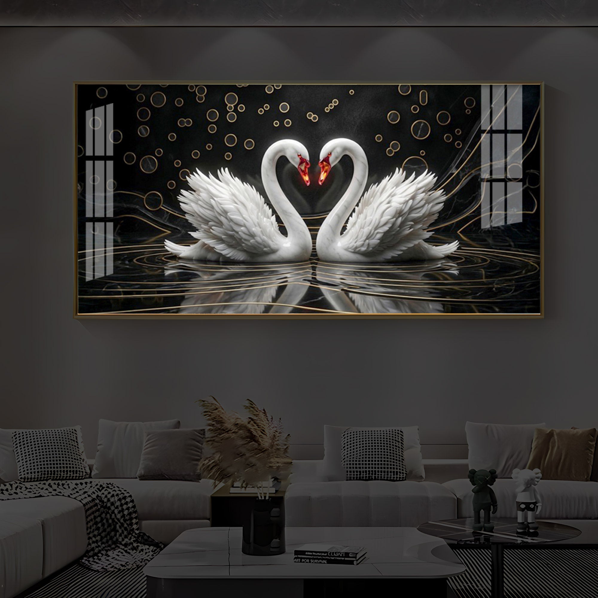 Two White Swans Forming A Heart Modern Luxury Backlight Horizontal Wall Art