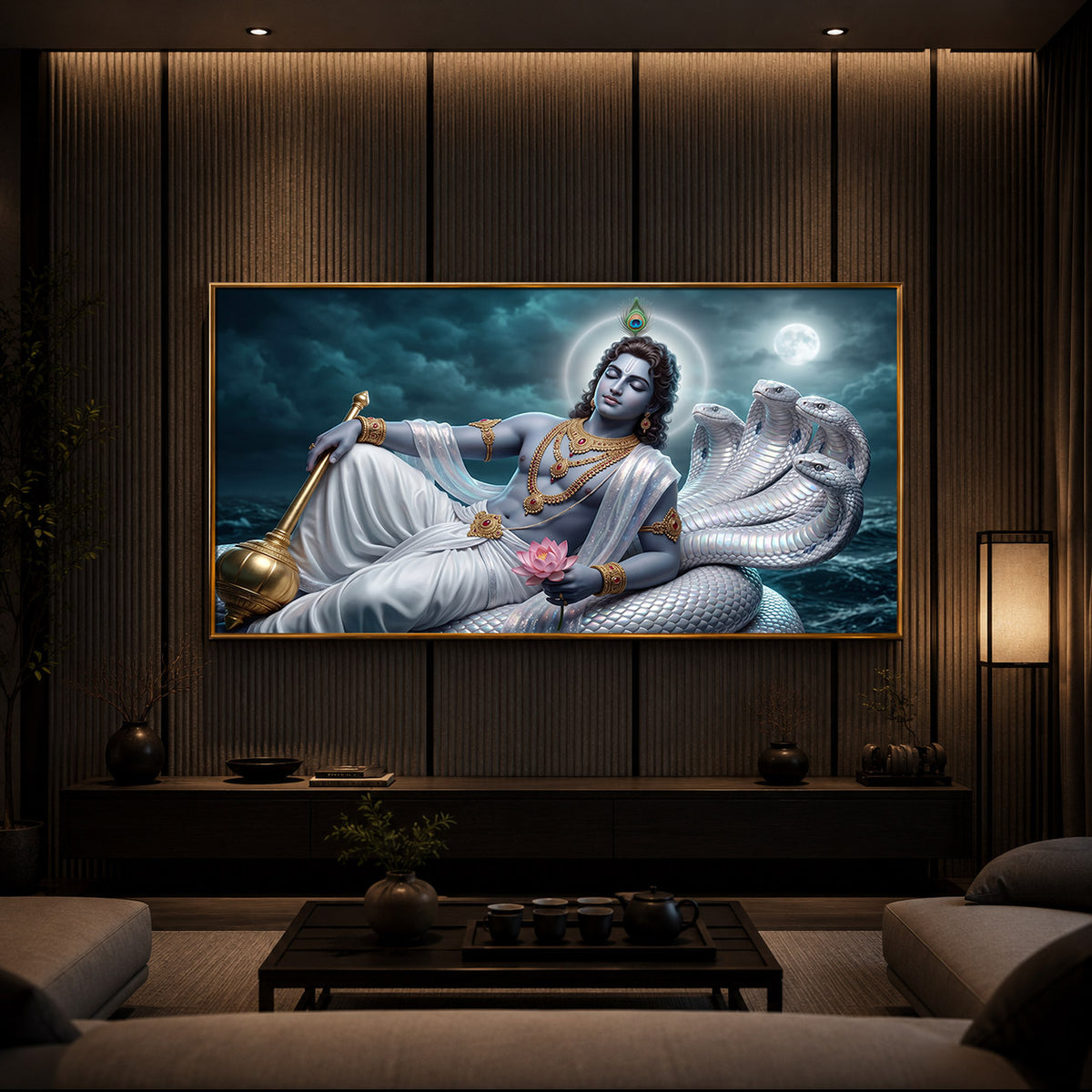 Lord Vishnu With Sheshnag Modern Luxury Backlight Horizontal Wall Art