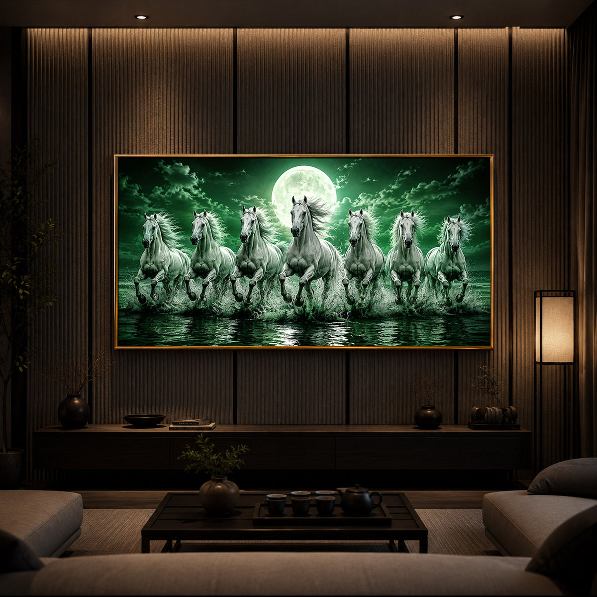 7 Running Horses With Green Backdrop Modern Luxury Backlight Horizontal Wall Art