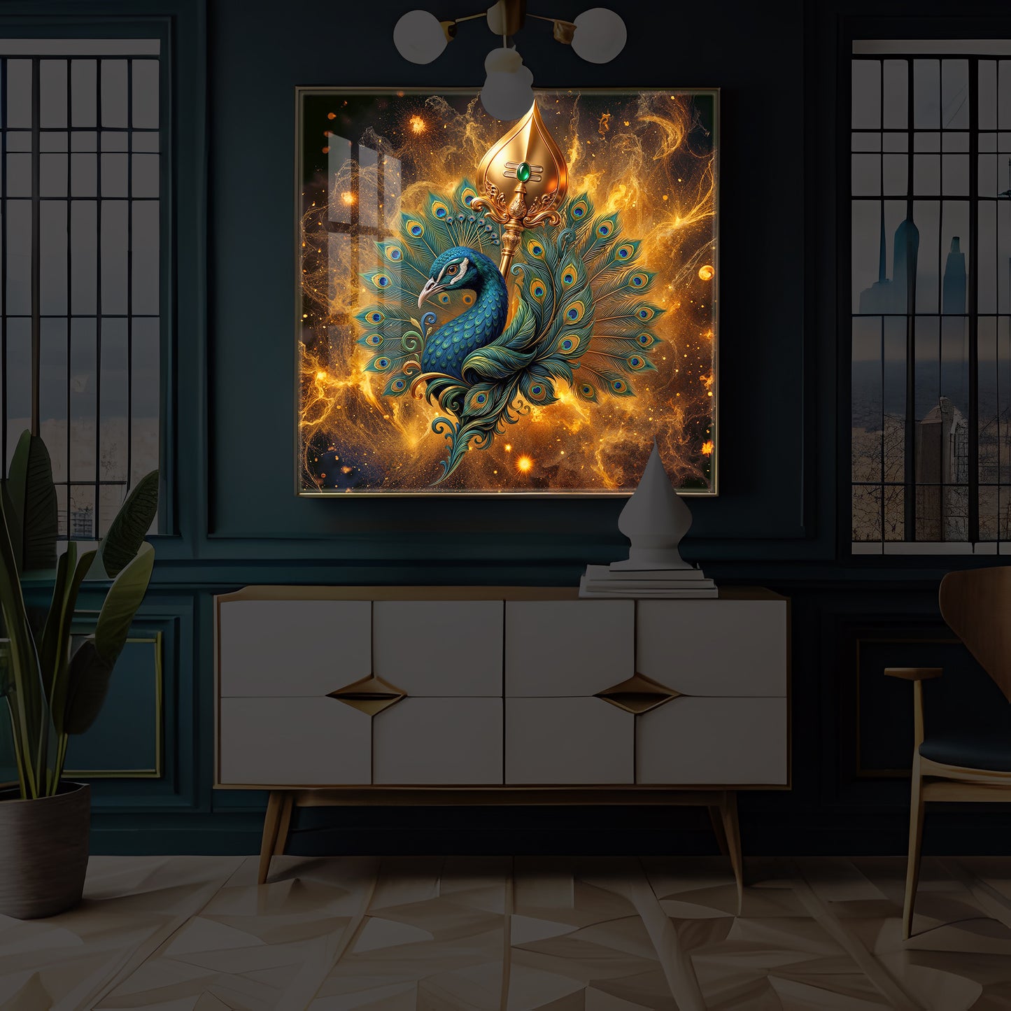 Lord Murugan’s Majestic Peacock Modern Luxury Backlight Square Wall Art