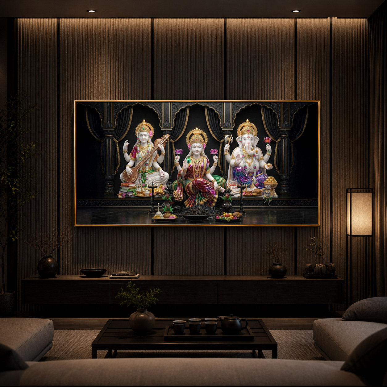 Saraswati,Lakshmi, & Lord Ganesha Modern Luxury Backlight Horizontal Wall Art