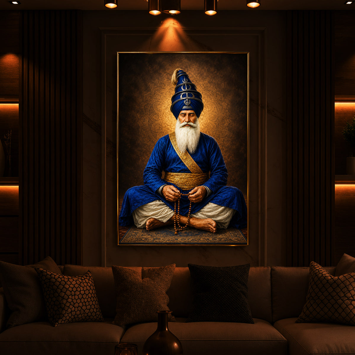 Divine Meditating Sikh Warrior Saint Modern Luxury Backlight Vertical Wall Art