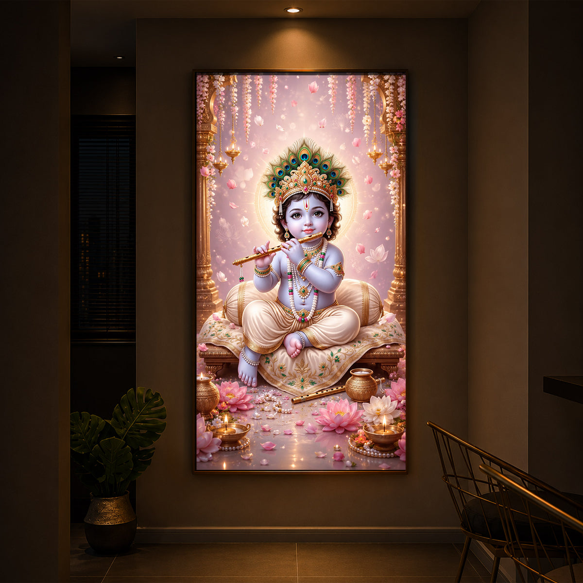 Little Laddu Gopal Playing Flute Modern Luxury Backlight Vertical Wall Art