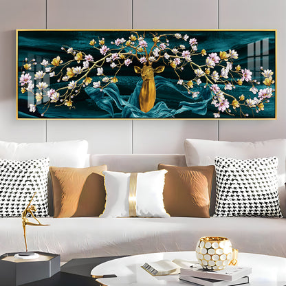 Golden Deer With Flowering Premium Acrylic Horizontal Wall Art