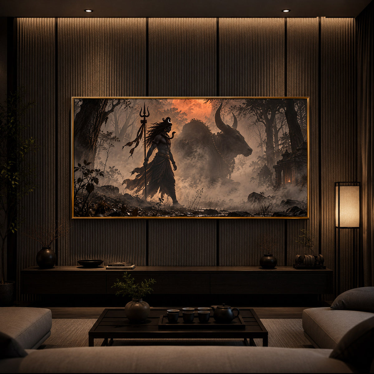 Shiva & Nandi In Forest Modern Luxury Backlight Horizontal Wall Art