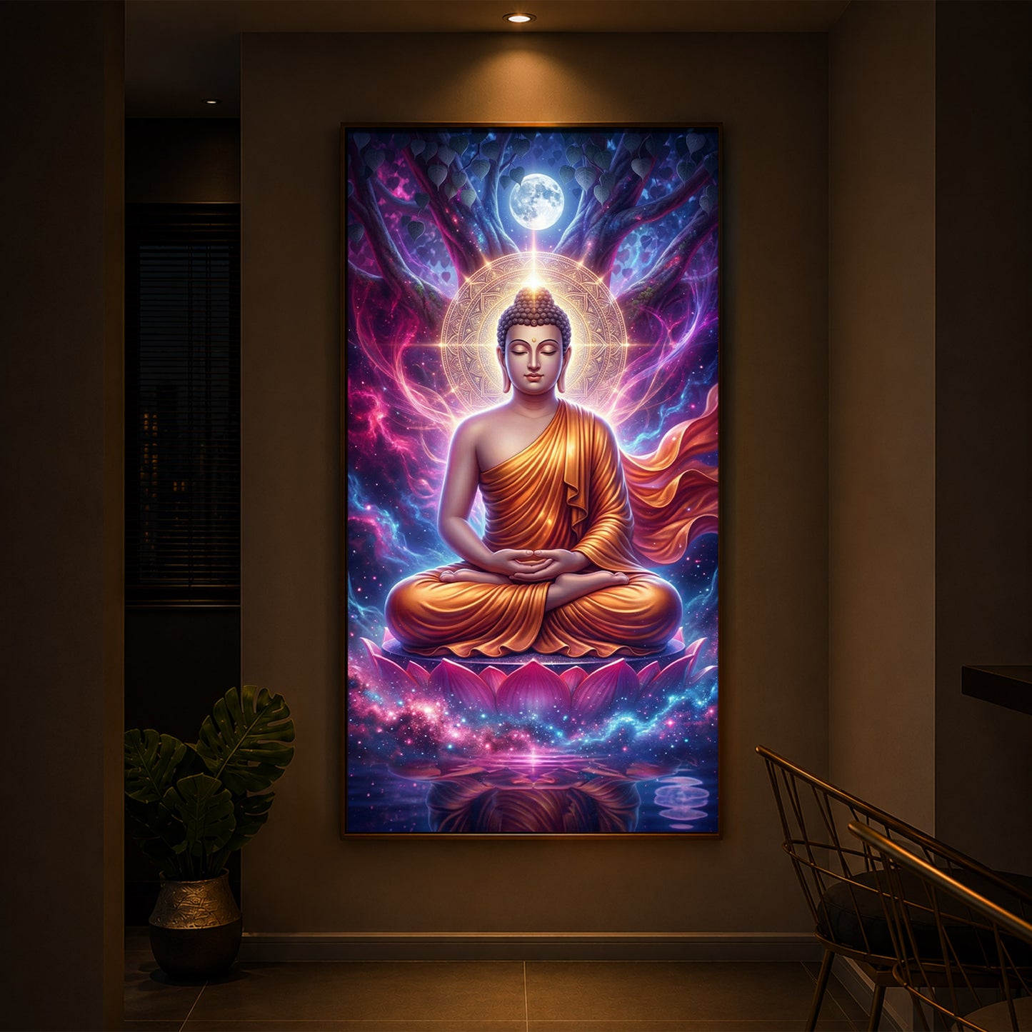 Lord Buddha Modern Luxury Backlight Vertical Wall Art