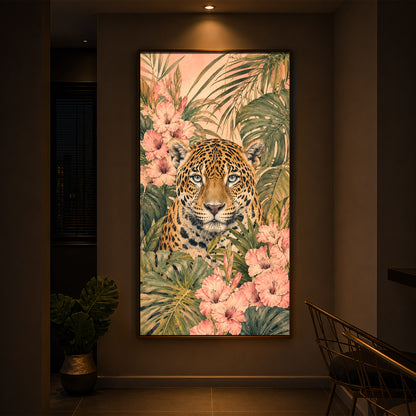 Tropical Jaguar & Flora Modern Luxury Backlight Vertical Wall Art