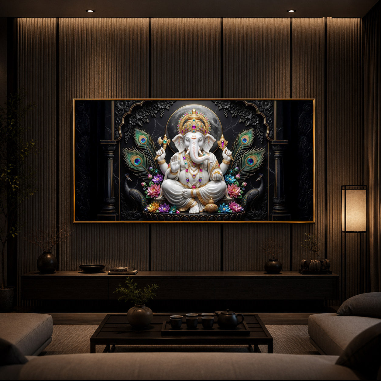 Lord Ganesha With Peacock Feather Modern Luxury Backlight Horizontal Wall Art