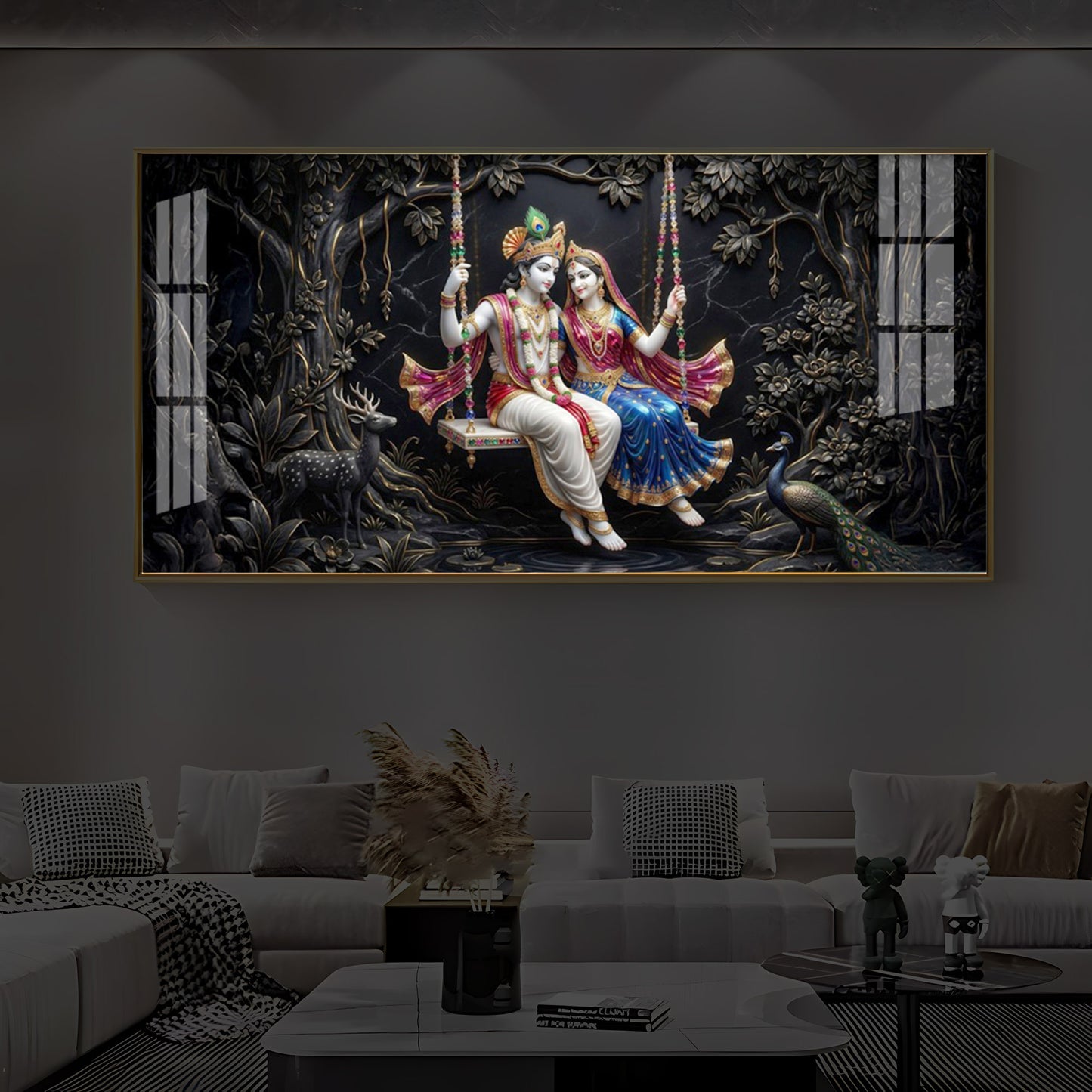 Radha Krishna Swing Modern Luxury Backlight Horizontal Wall Art