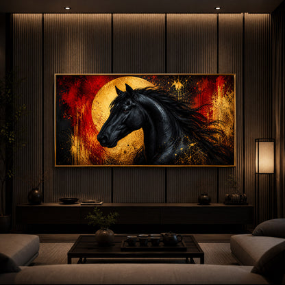 Black Horse With Abstract Background Modern Luxury Backlight Horizontal Wall Art