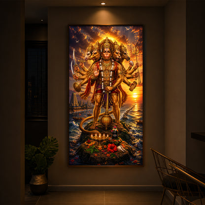 Powerful Panchmukhi Hanuman Ji Modern Luxury Backlight Vertical Wall Art