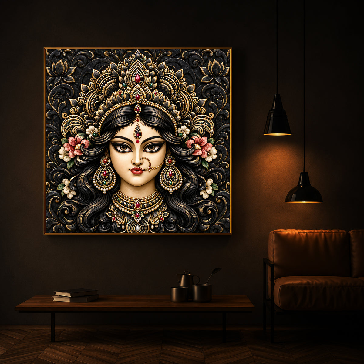 Divine Face of Durga Modern Luxury Backlight Square Wall Art