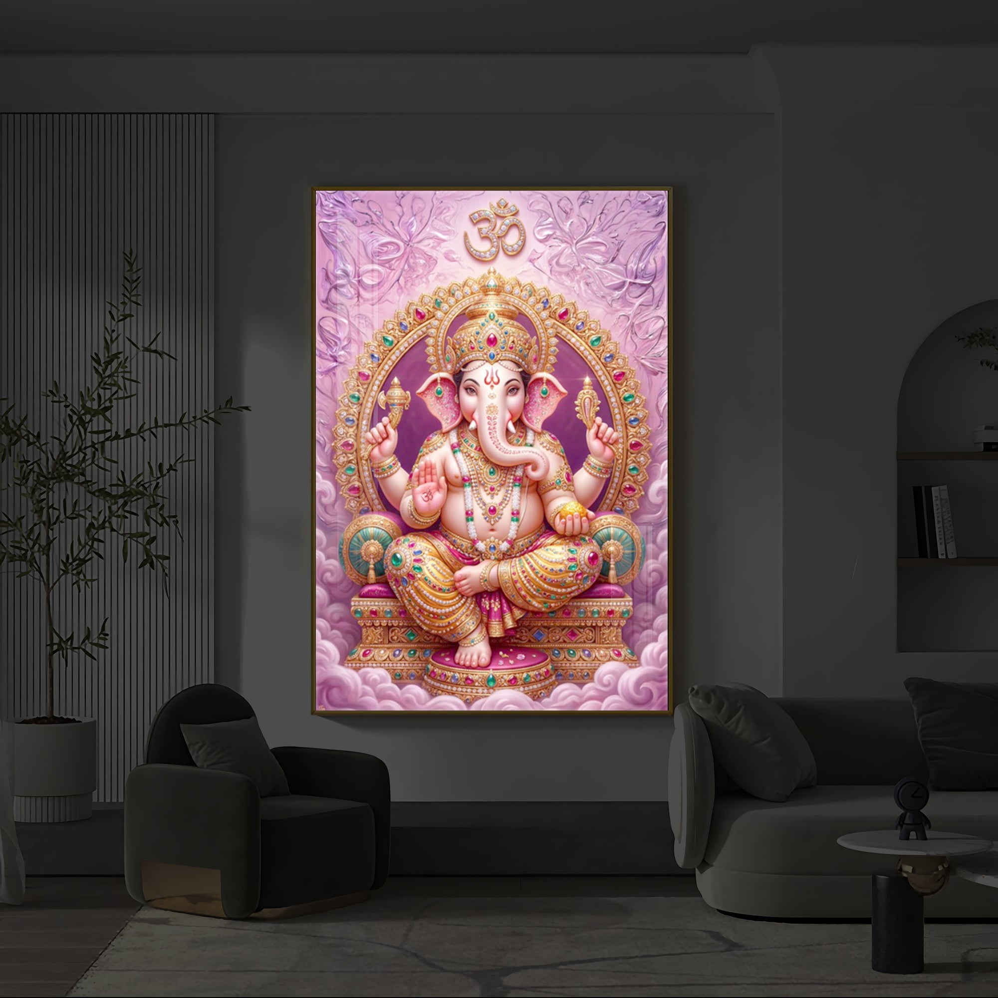 Vakratunda Mahakaya Ganesh Ji Modern Luxury Backlight Vertical Wall Art
