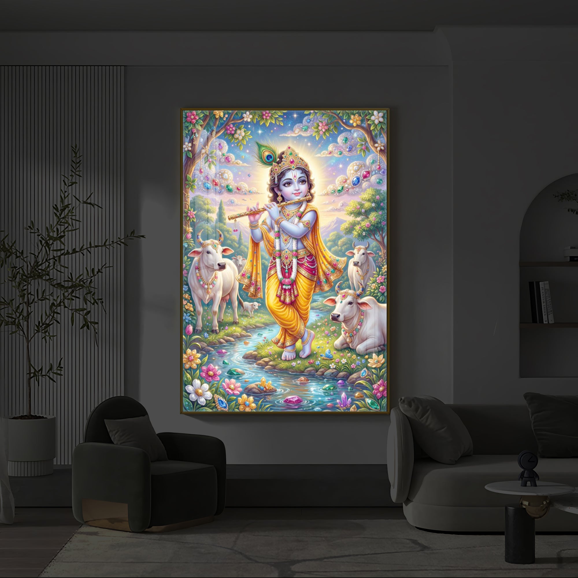 Little Kanha With Cow Modern Luxury Backlight Vertical Wall Art
