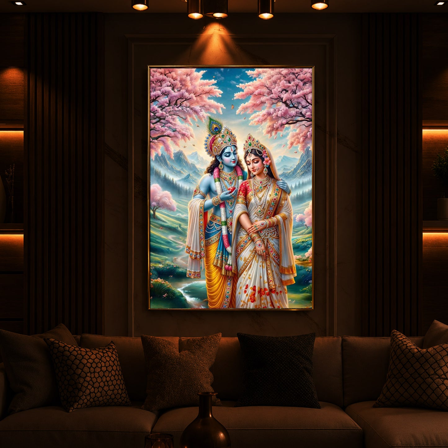 Radha Krishna Standing Together Modern Luxury Backlight Vertical Wall Art