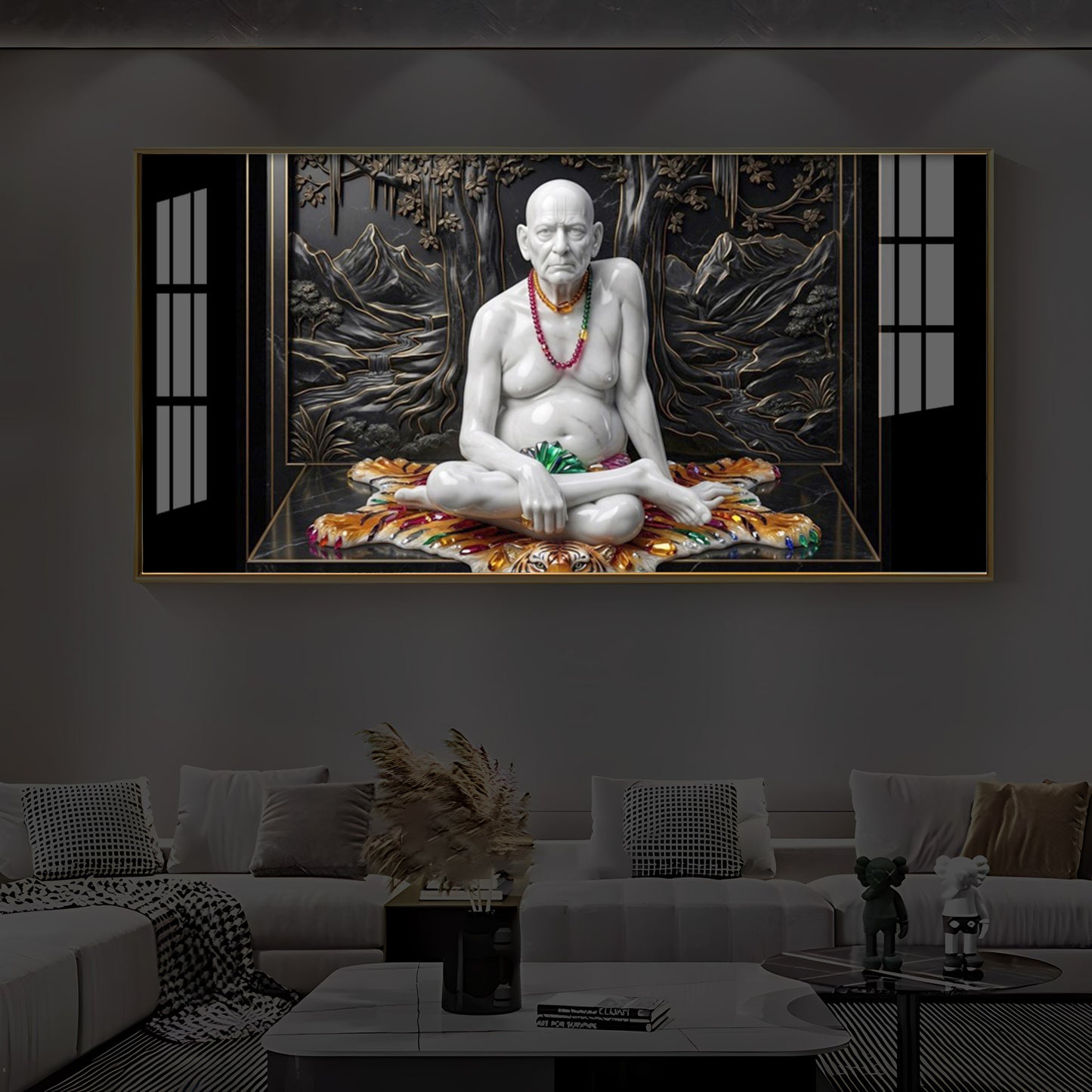 White Marble Swami Samarth Modern Luxury Backlight Horizontal Wall Art