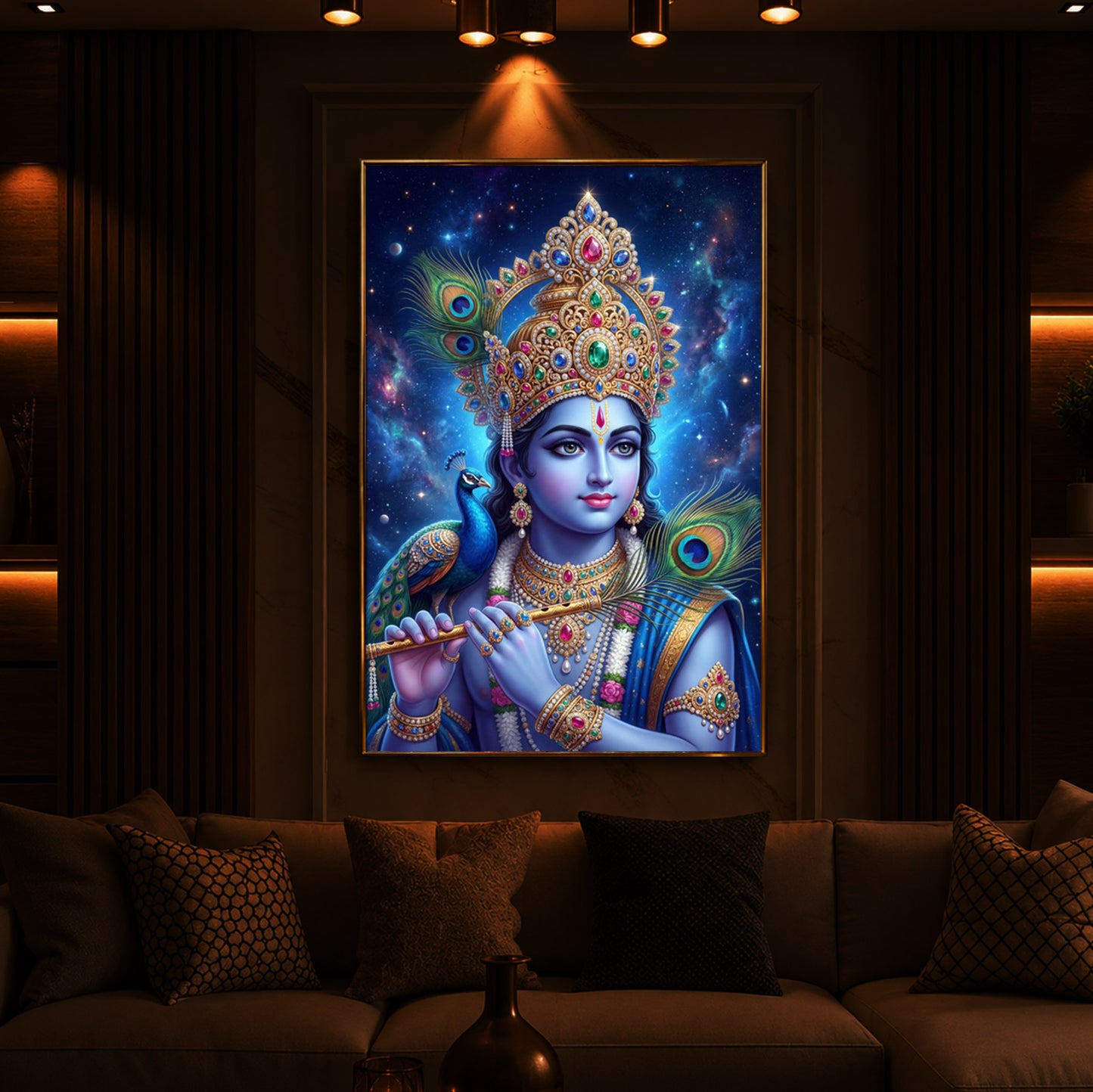 Hindu Deity Lord Krishna Modern Luxury Backlight Vertical Wall Art